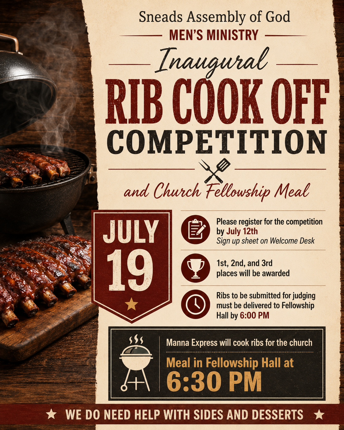 Poster advertising Sneads Assembly of God Rib Cook Off and Church Fellowship Meal with grill and ribs on the left.